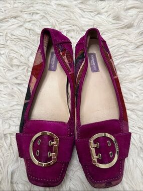 Emilio Pucci Magenta Suede Loafers with Gold Buckles